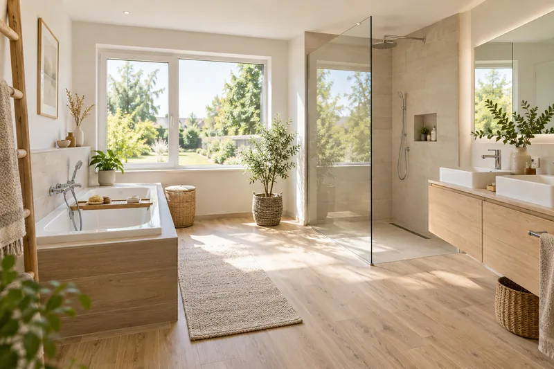 Badewanne oder Dusche: großes Familienbad mit Badewanne und separater bodengleicher Dusche